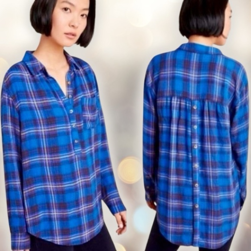 Anthropologie ‘Isadora’ Button-Back Flannel Tunic in Blue Plaid Size Medium - Picture 2 of 13